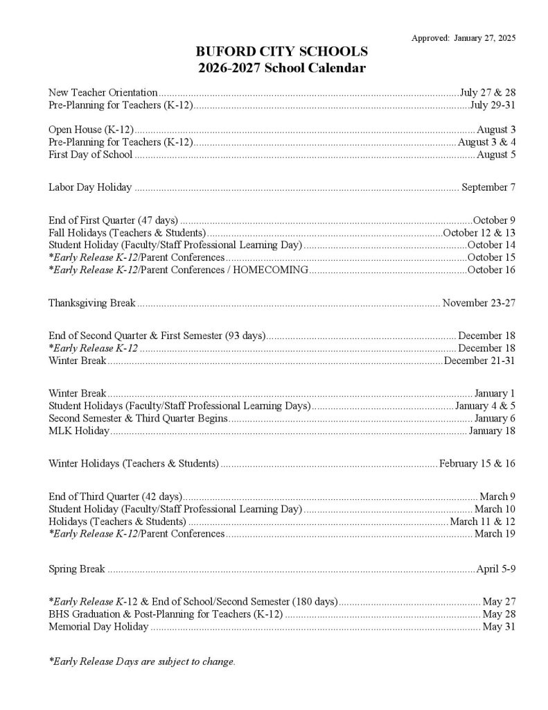 Buford City School District Calendar 2026-2027