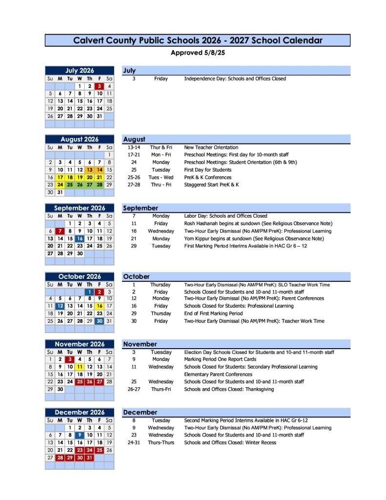 Calvert County Public Schools Calendar 2026-2027