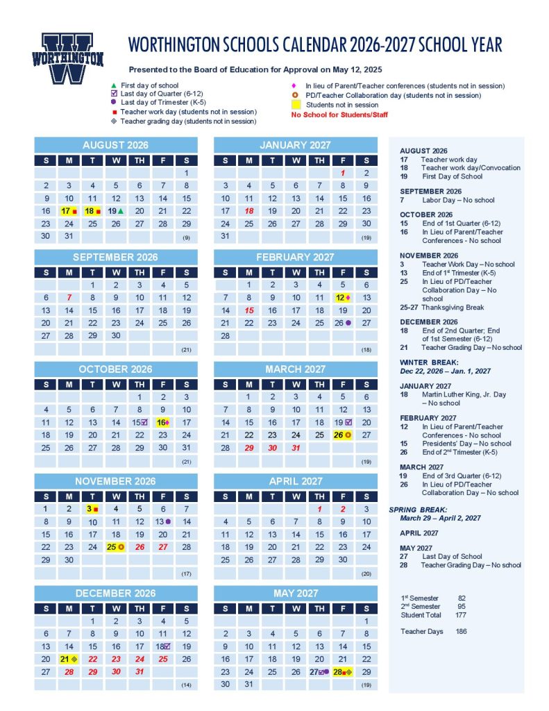 Worthington City School District Calendar 2026-2027