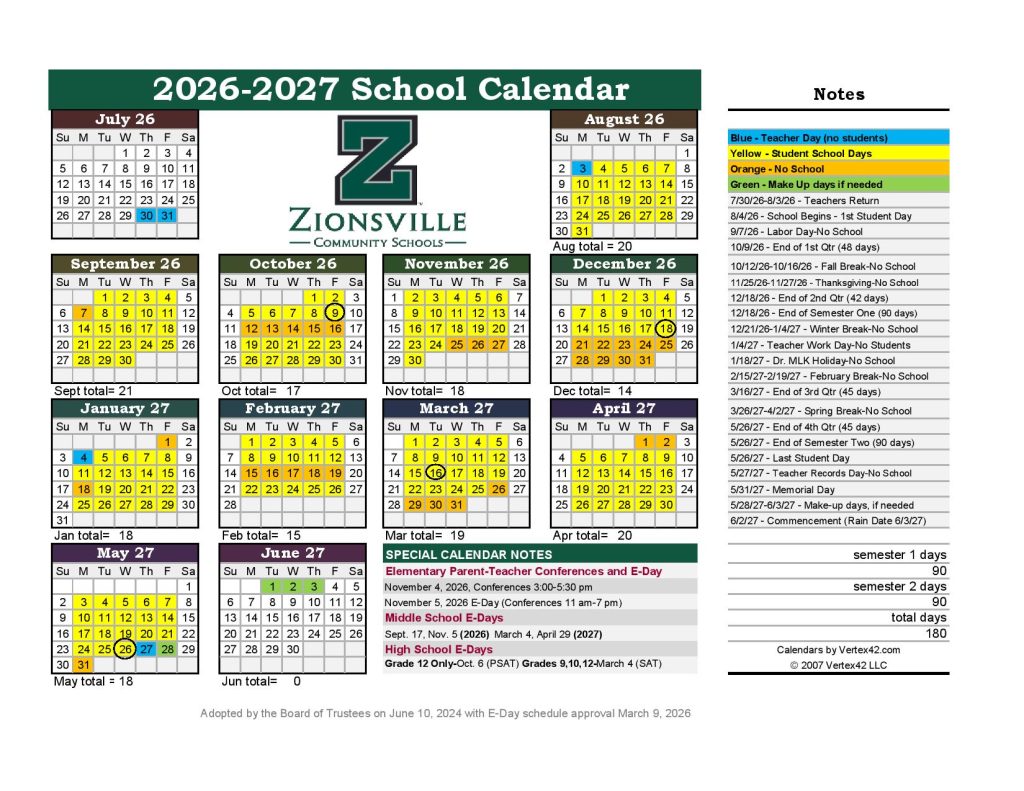 Zionsville Community School Calendar 2026-2027