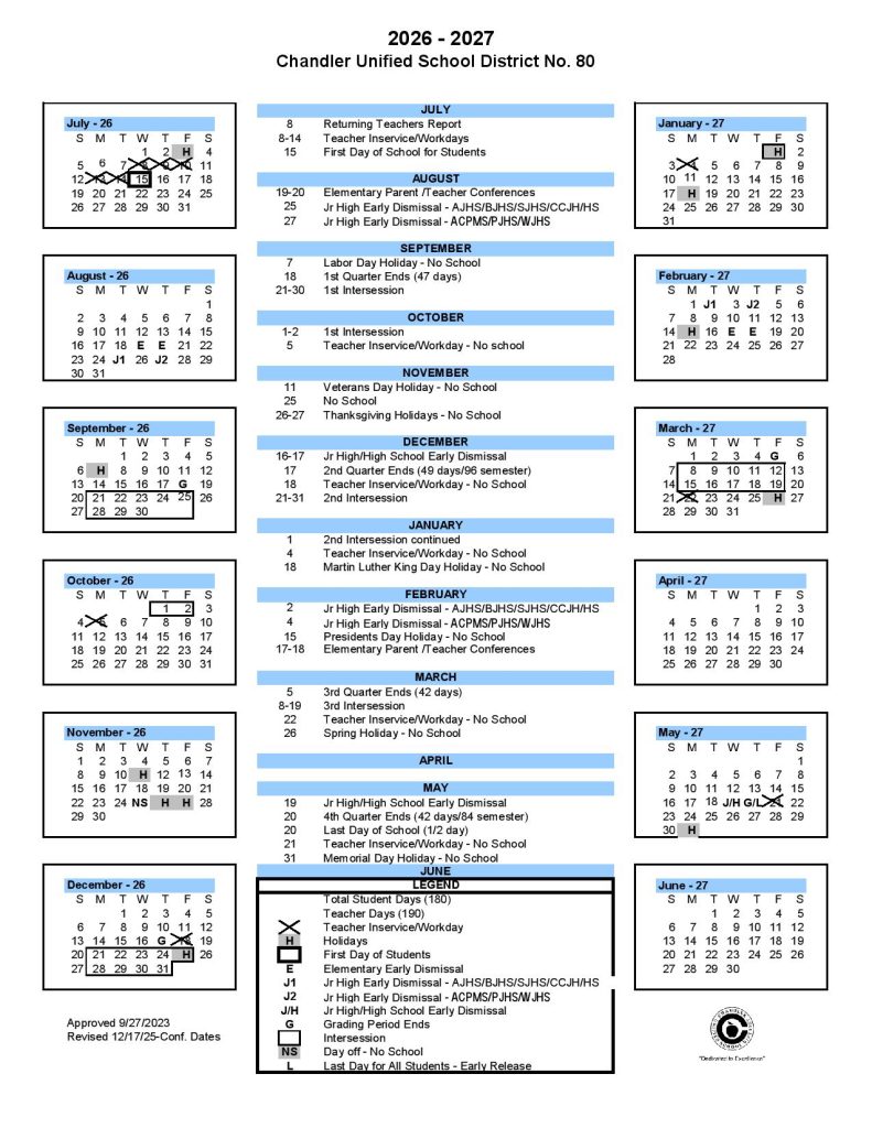 Chandler Unified School District Calendar 2026-2027