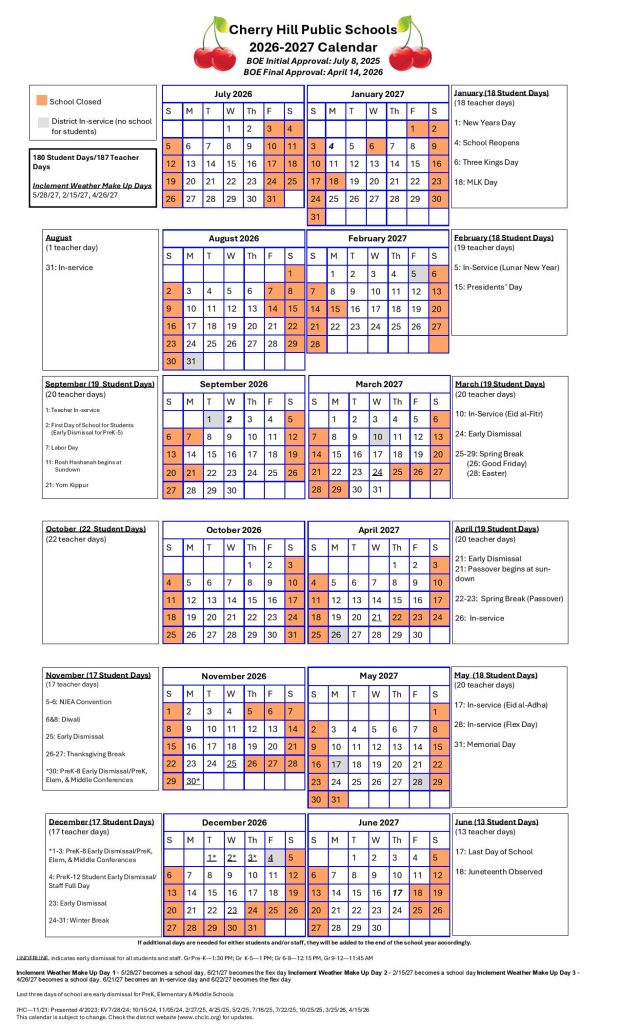 Cherry Hill Public Schools Calendar 2026-2027