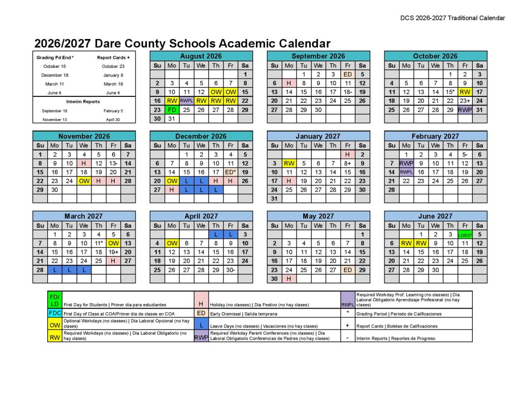 Dare County Schools Calendar 2026-2027
