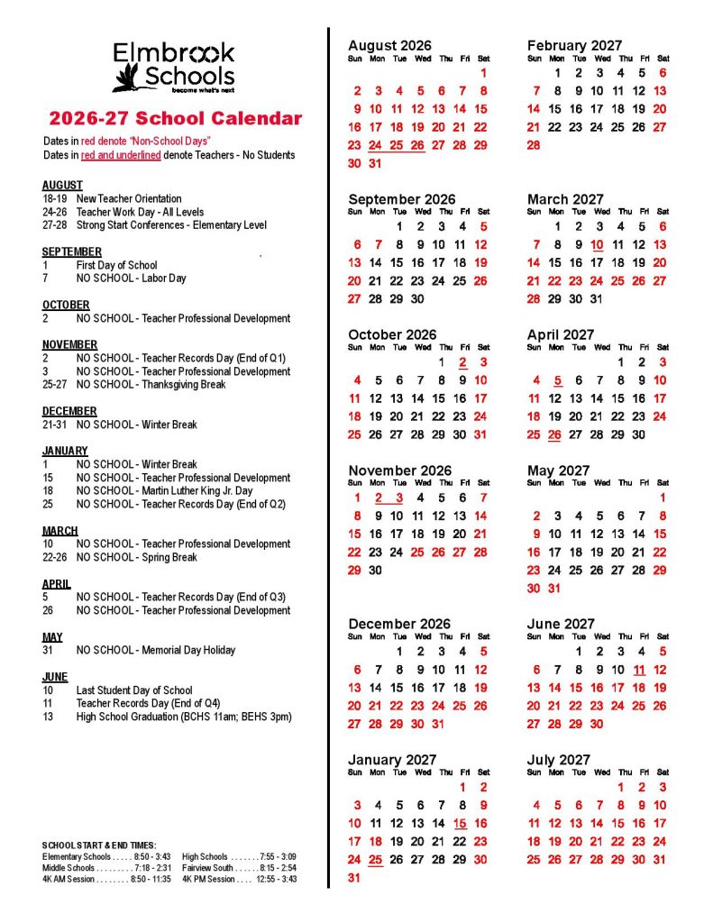 Elmbrook School District Calendar 2026-2027