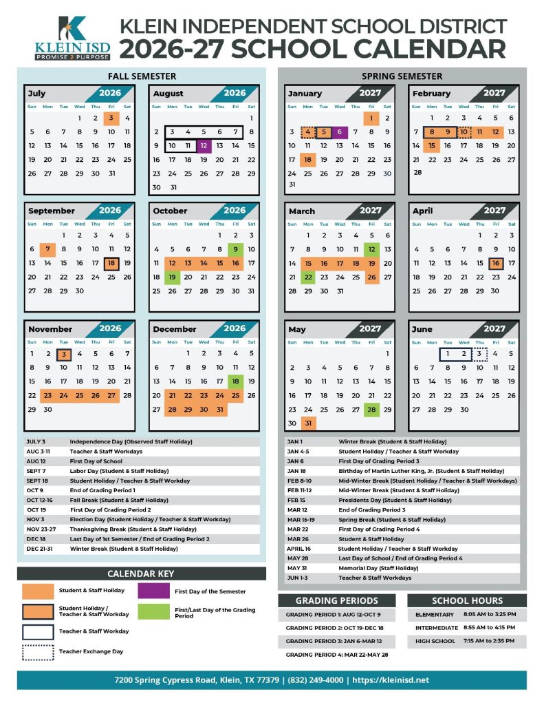 Klein Independent School District Calendar 2026-2027