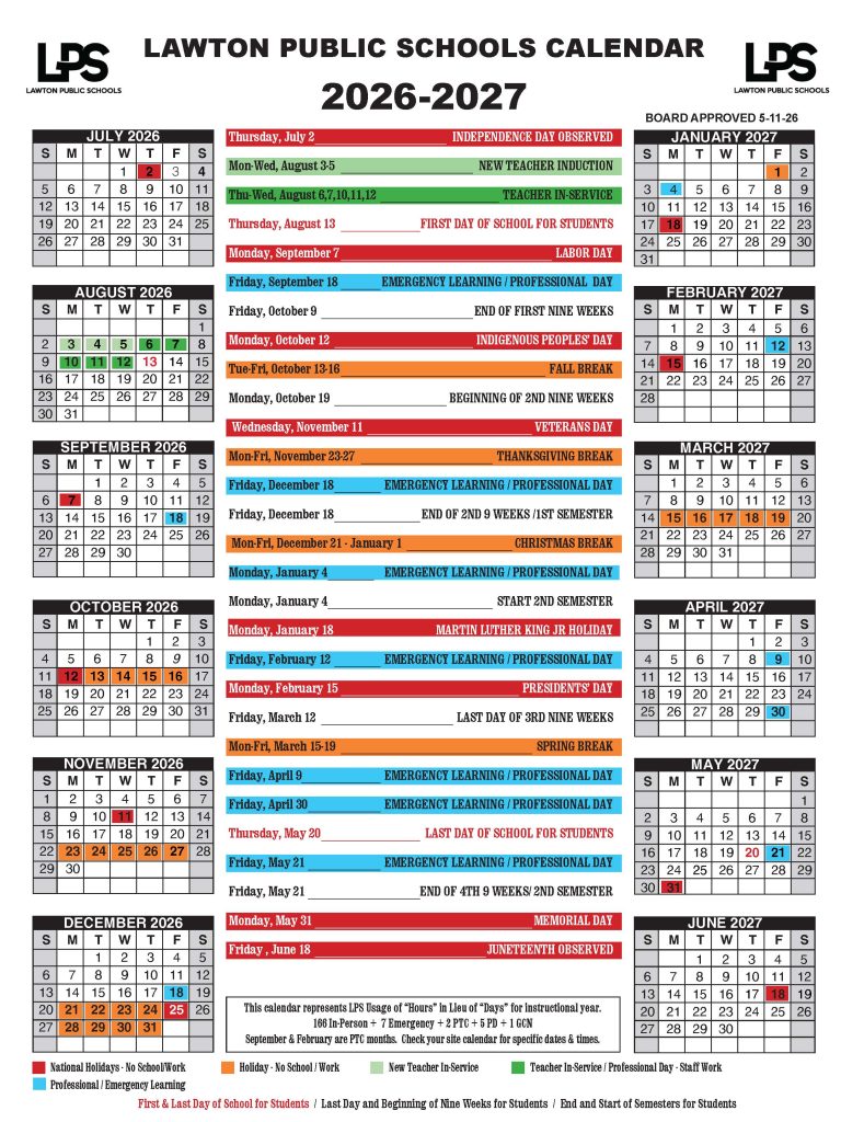 Lawton Public Schools Calendar 2026-2027