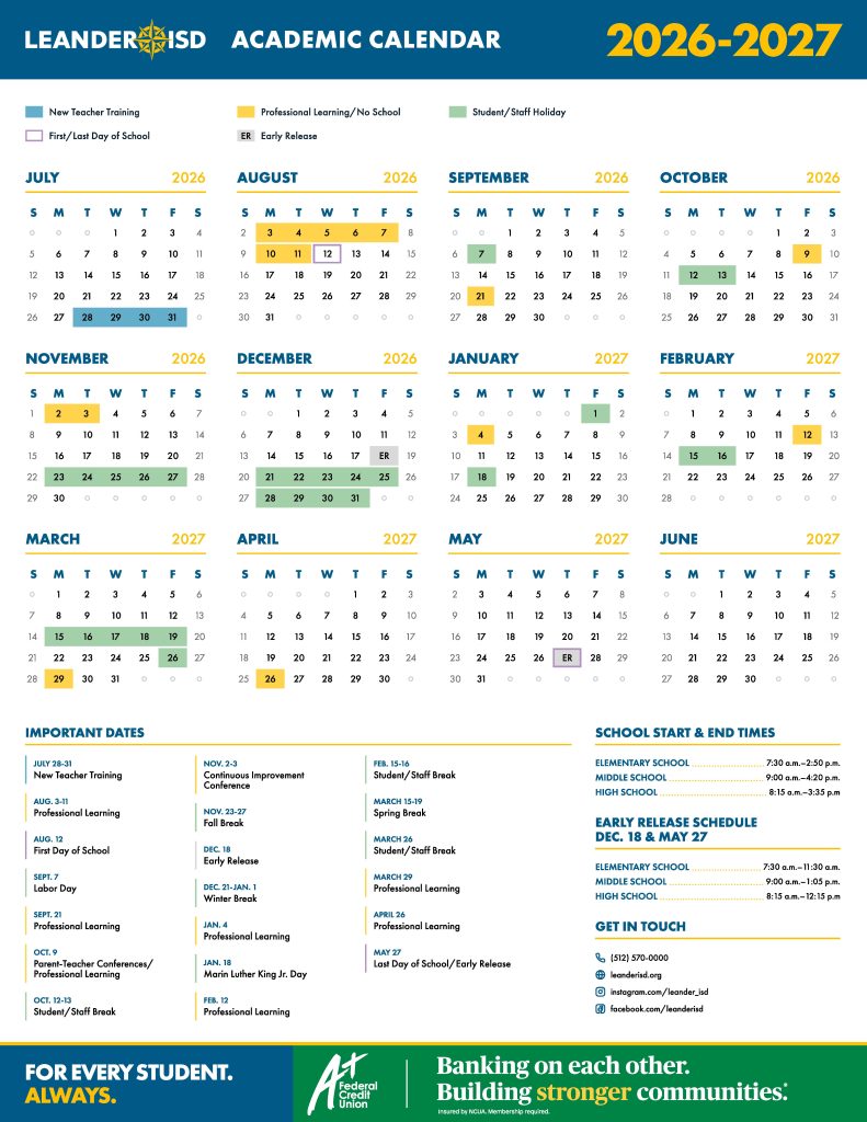Leander ISD Calendar 2026-2027