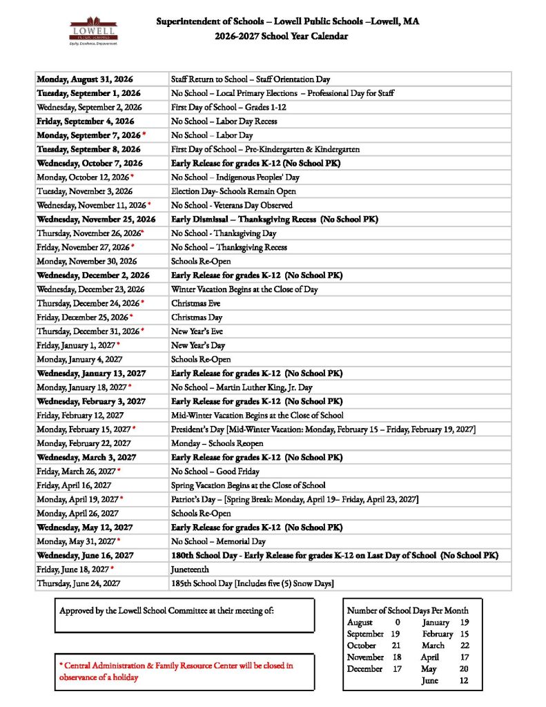 Lowell Public Schools Calendar 2026-2027