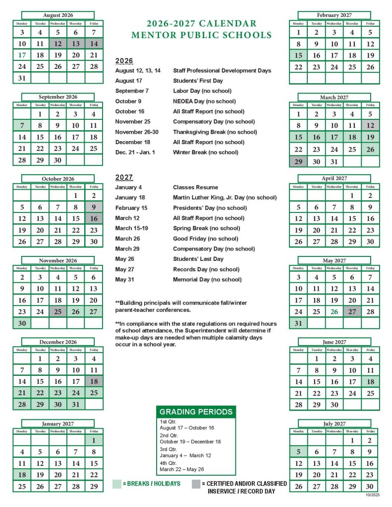 Mentor Public Schools Calendar 2026-2027