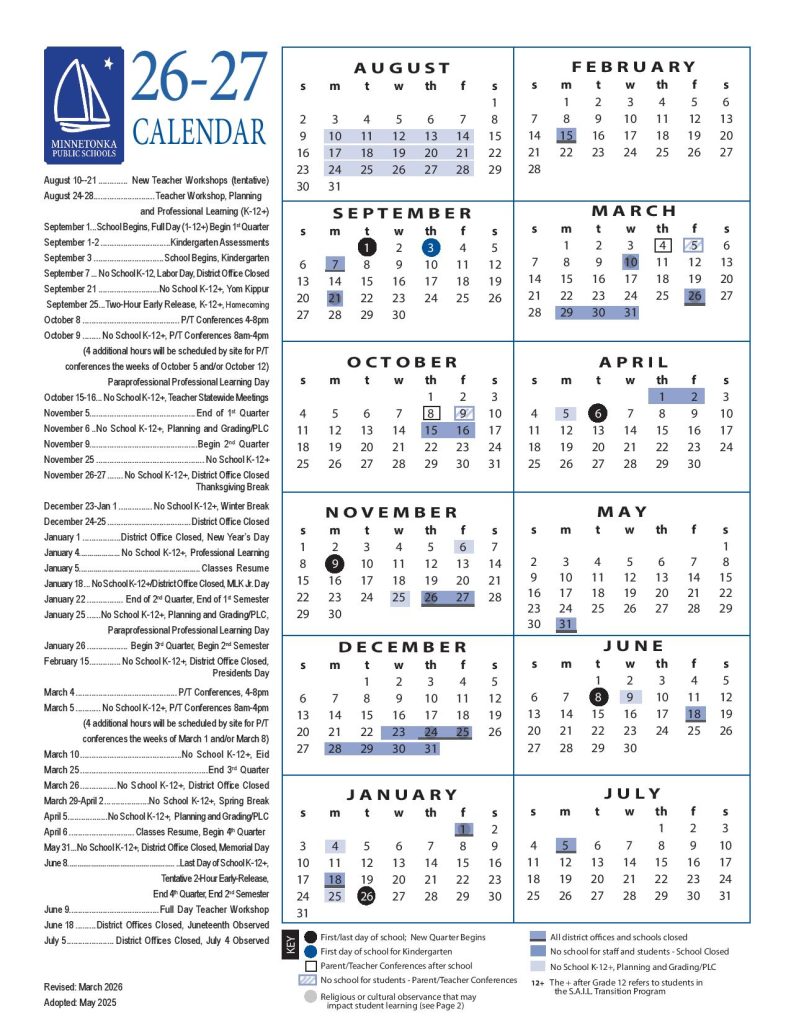 Minnetonka Public Schools Calendar 2026-2027