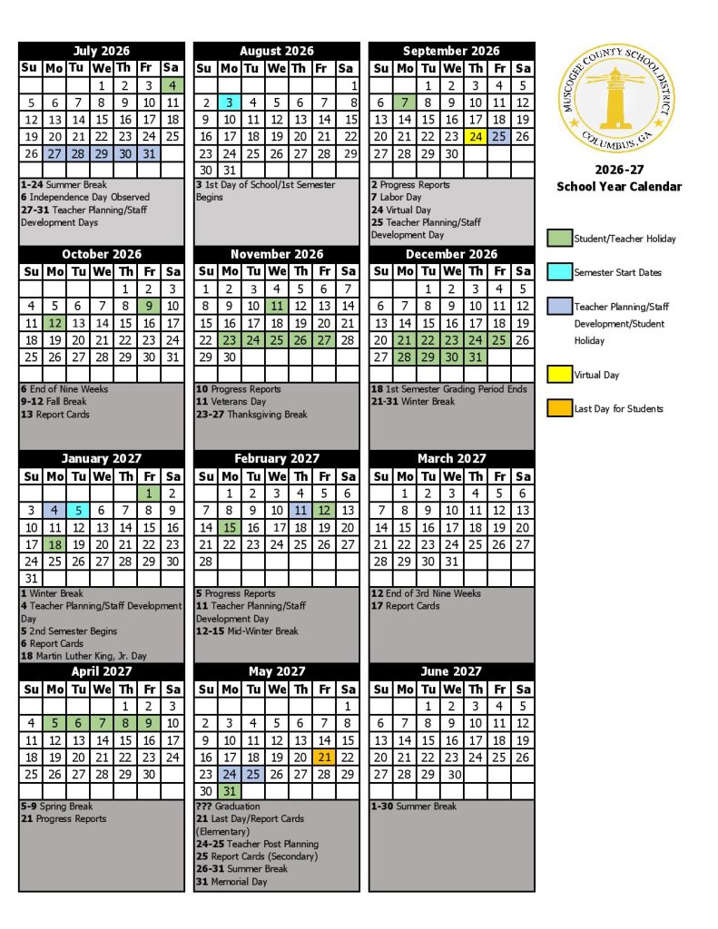 Muscogee County Schools Calendar 2026-2027
