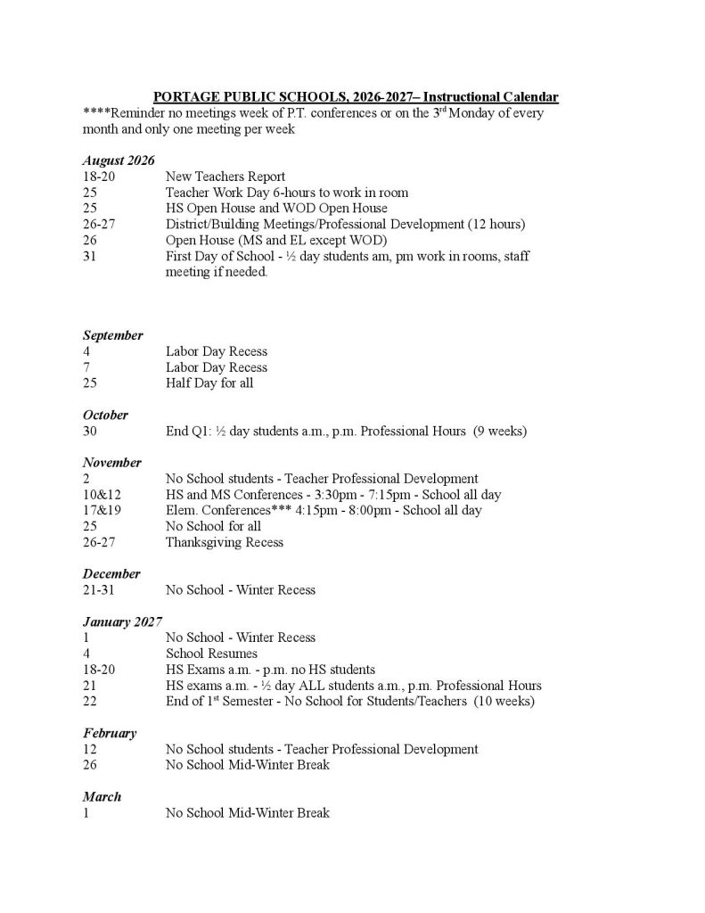 Portage Public Schools Calendar 2026-2027