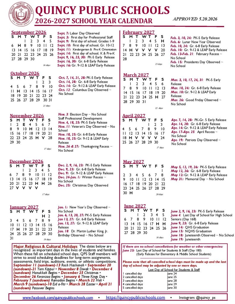 Quincy Public Schools Calendar 2026-2027
