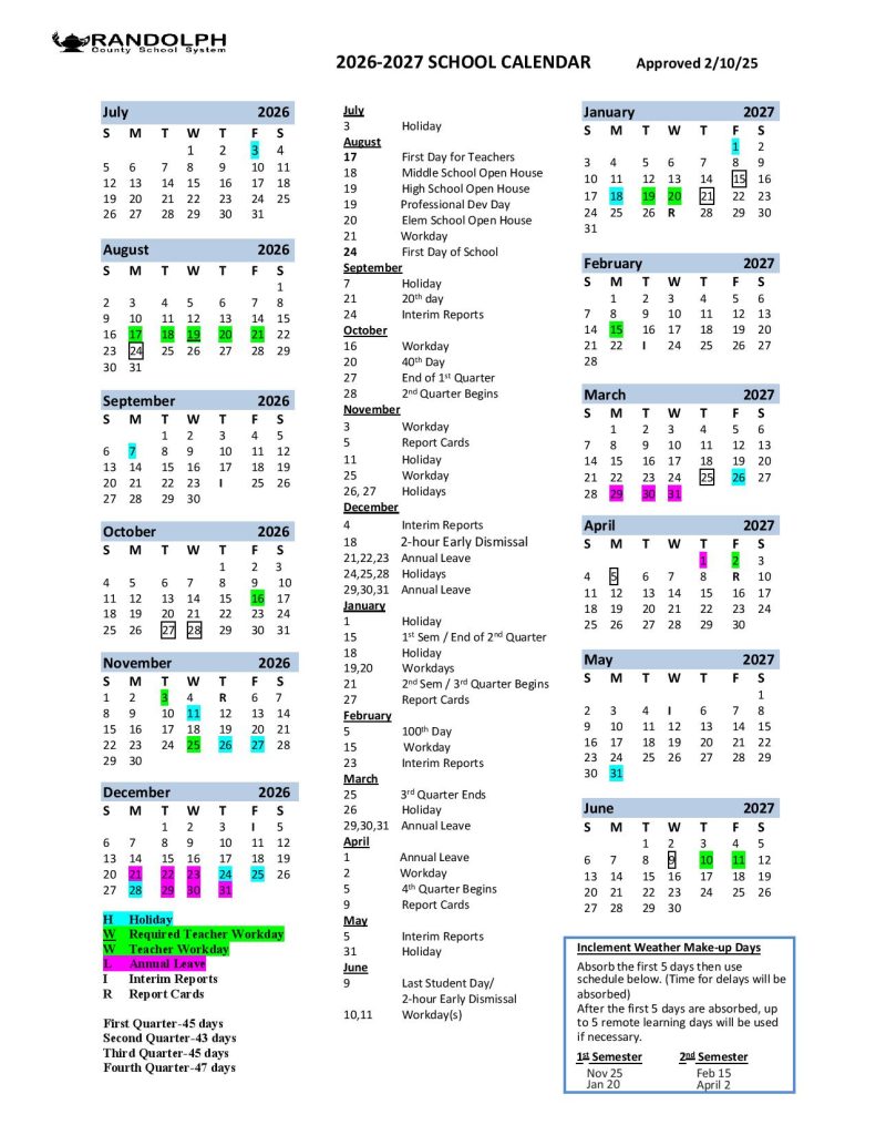 Randolph County Schools Calendar 2026-2027
