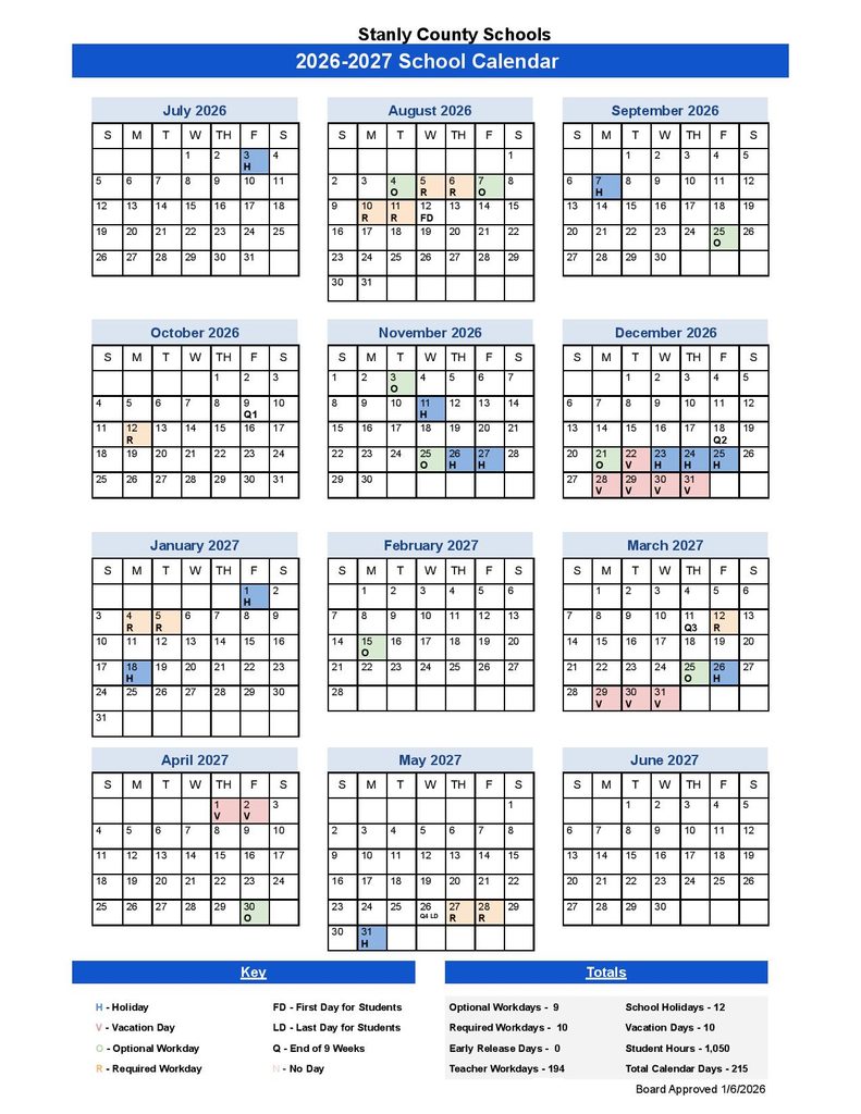 Stanly County Schools Calendar 2026-2027
