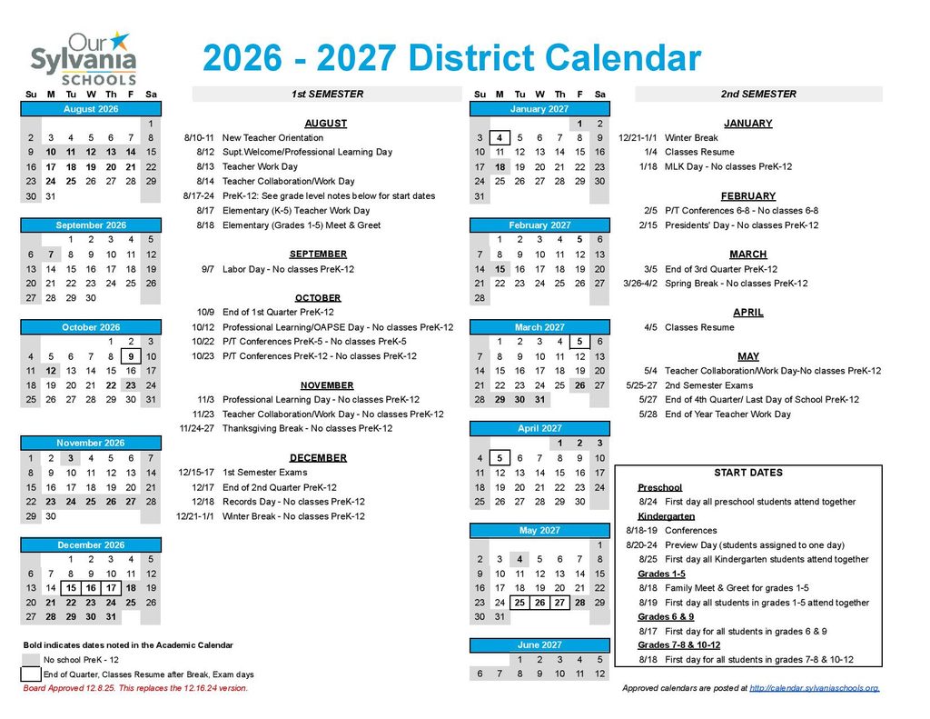 Sylvania City School District Calendar 2026-2027