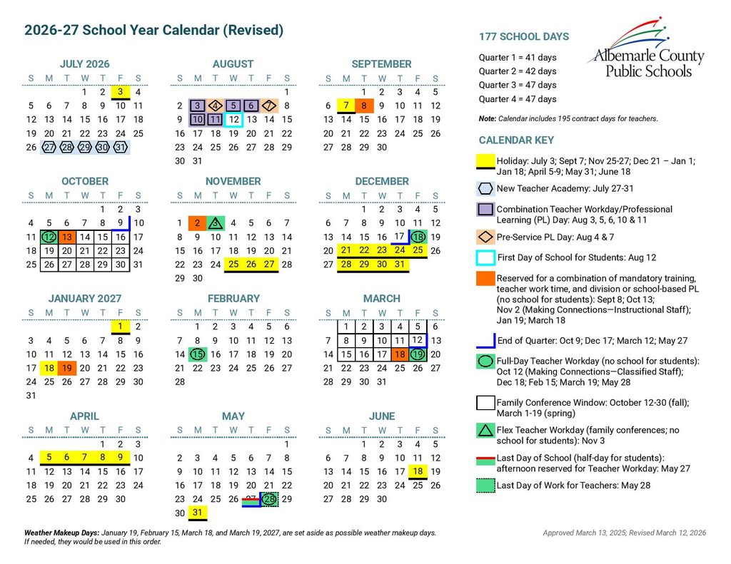 Albemarle County Public Schools Calendar 2026-2027
