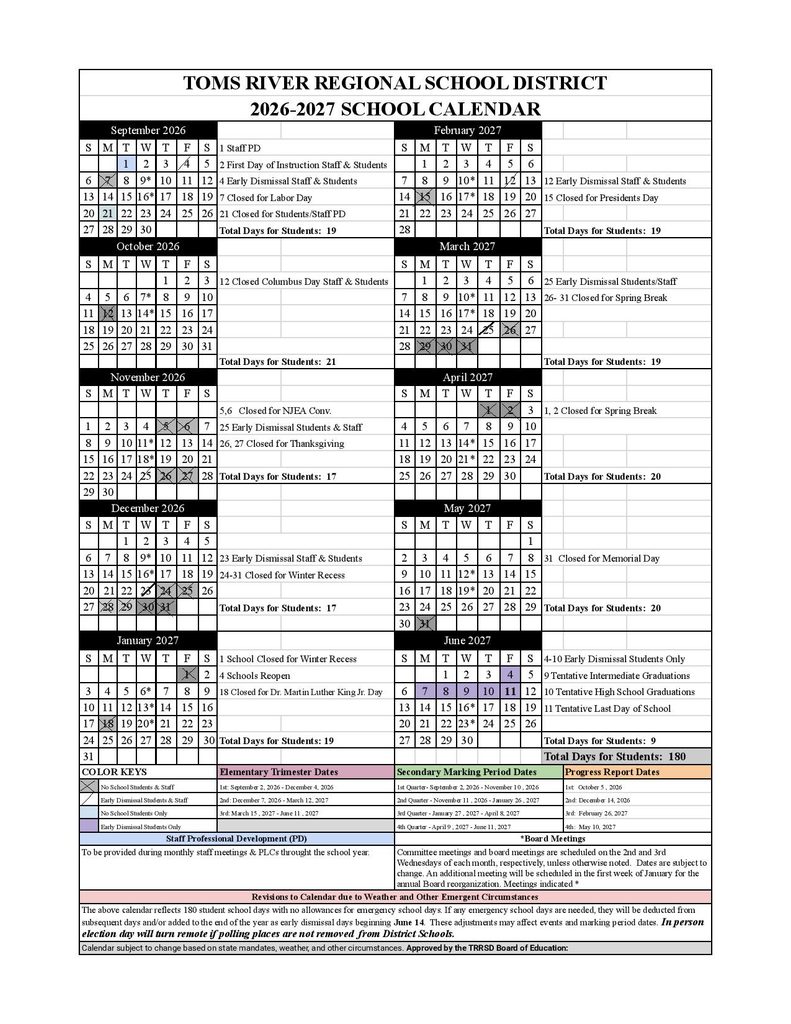 Toms River Schools Calendar 2026-2027