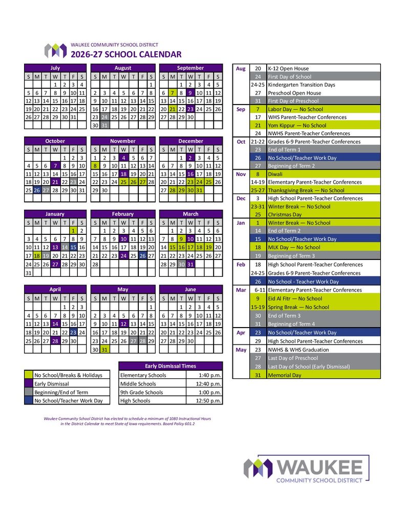 Waukee School District Calendar 2026-2027