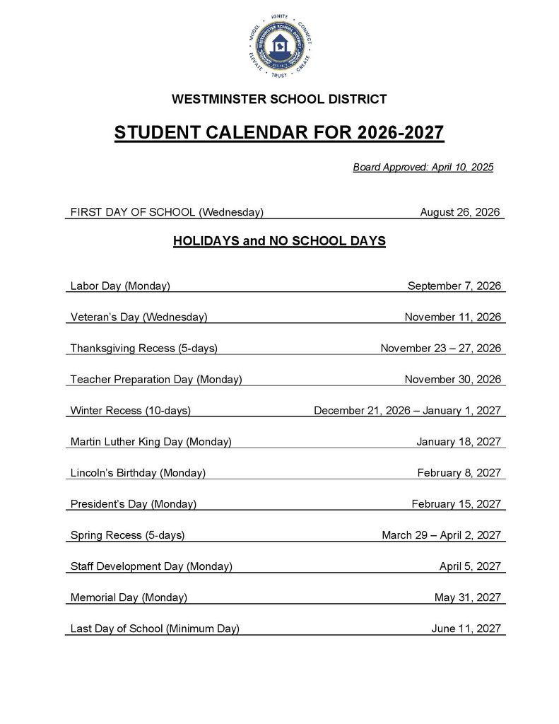 Westminster School District Calendar 2026-2027